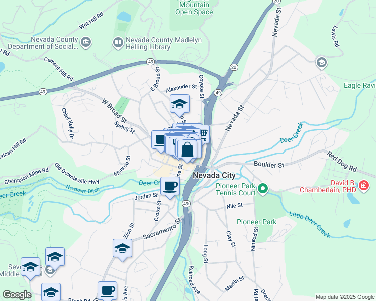map of restaurants, bars, coffee shops, grocery stores, and more near 242 Commercial Street in Nevada City