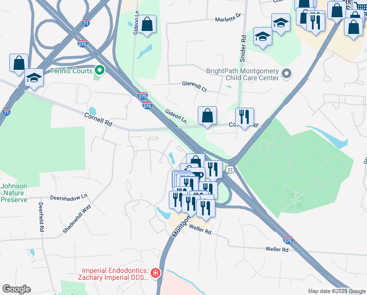 map of restaurants, bars, coffee shops, grocery stores, and more near 10886 Ponds Lane in Cincinnati
