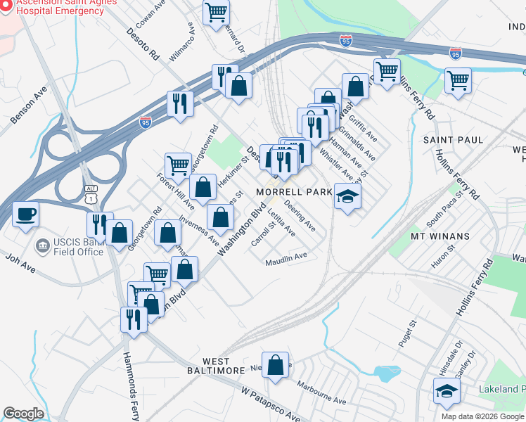 map of restaurants, bars, coffee shops, grocery stores, and more near 2809 Washington Boulevard in Baltimore