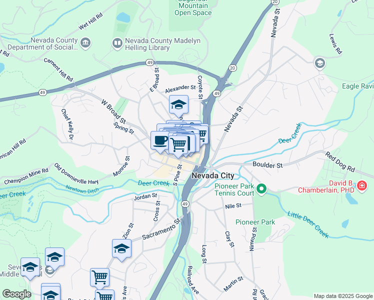map of restaurants, bars, coffee shops, grocery stores, and more near 240 Commercial Street in Nevada City
