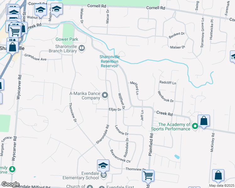 map of restaurants, bars, coffee shops, grocery stores, and more near 10851 Willfleet Drive in Sharonville
