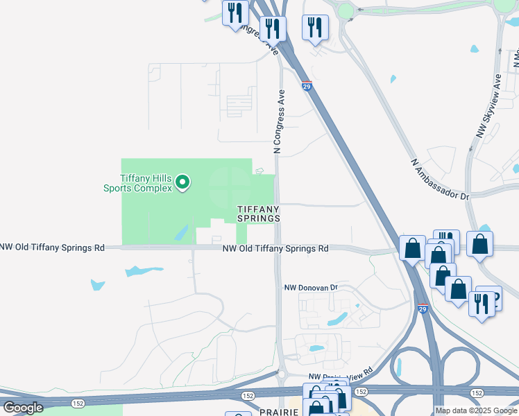 map of restaurants, bars, coffee shops, grocery stores, and more near 9400 North Congress Avenue in Kansas City