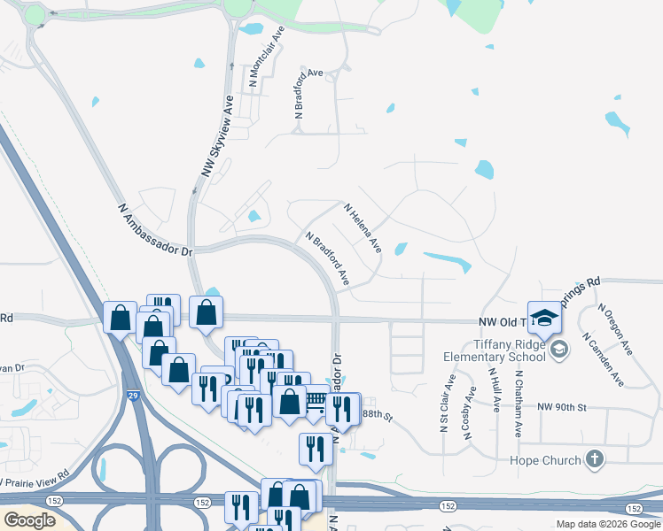 map of restaurants, bars, coffee shops, grocery stores, and more near 9409 North Bradford Avenue in Kansas City