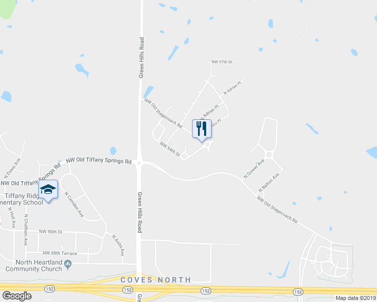 map of restaurants, bars, coffee shops, grocery stores, and more near 3809 Northwest Old Stagecoach Road in Kansas City