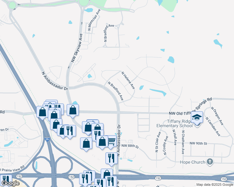 map of restaurants, bars, coffee shops, grocery stores, and more near 9409 North Bradford Avenue in Kansas City