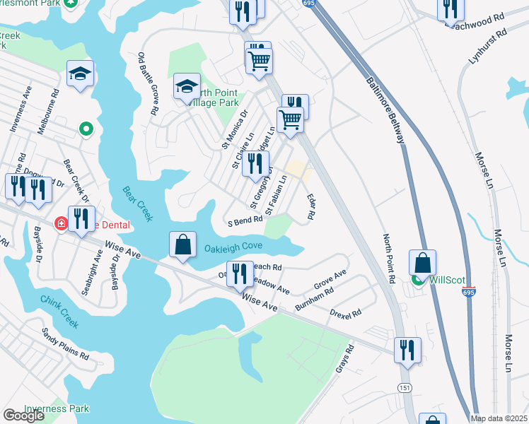 map of restaurants, bars, coffee shops, grocery stores, and more near 7806 Saint Fabian Lane in Dundalk