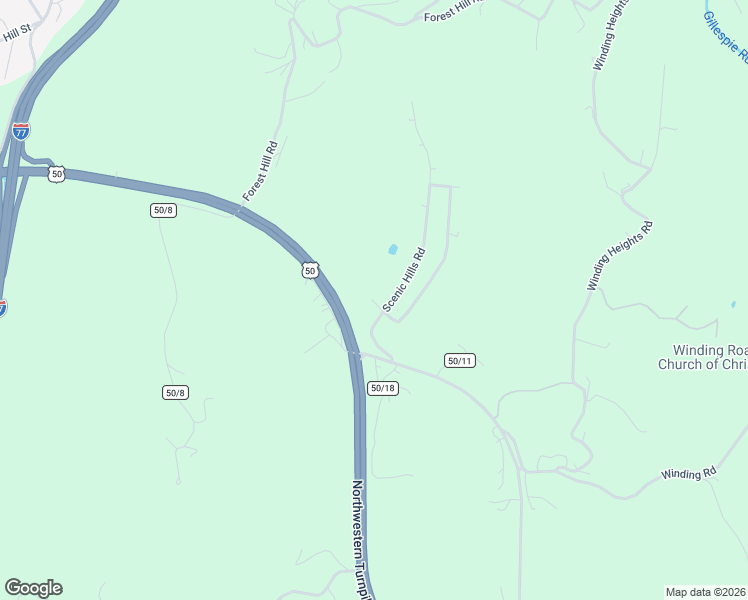 map of restaurants, bars, coffee shops, grocery stores, and more near Highway 50 in Parkersburg