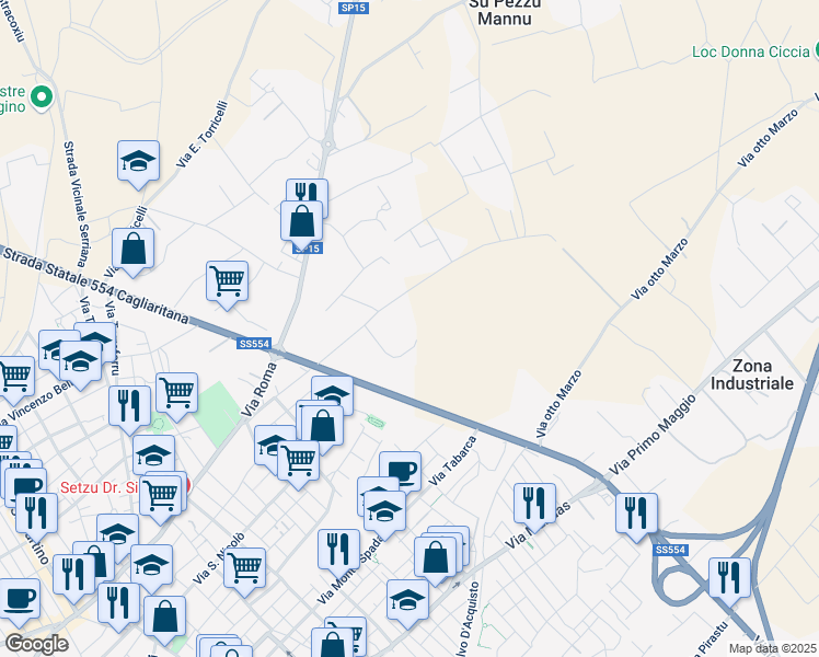 map of restaurants, bars, coffee shops, grocery stores, and more near 22 Via Newton in Selargius