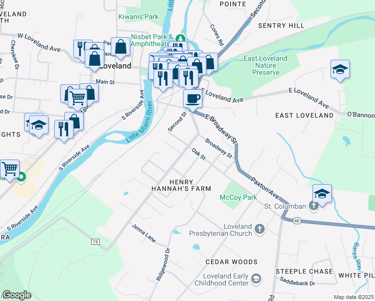 map of restaurants, bars, coffee shops, grocery stores, and more near 125 Oak Street in Loveland