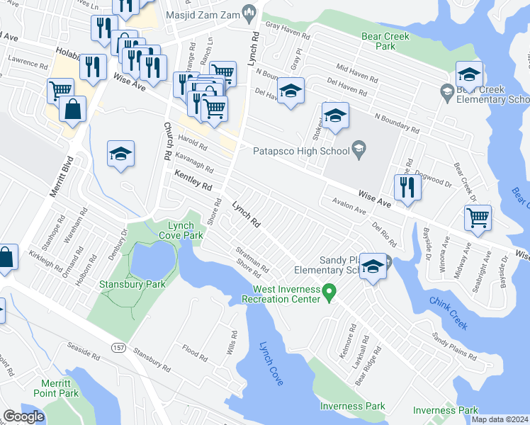 map of restaurants, bars, coffee shops, grocery stores, and more near 1923 Barry Road in Dundalk