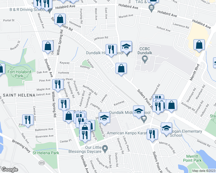 map of restaurants, bars, coffee shops, grocery stores, and more near 2618 Yorkway in Dundalk