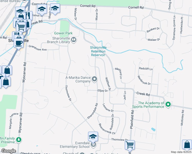 map of restaurants, bars, coffee shops, grocery stores, and more near 10857 Sharondale Road in Sharonville