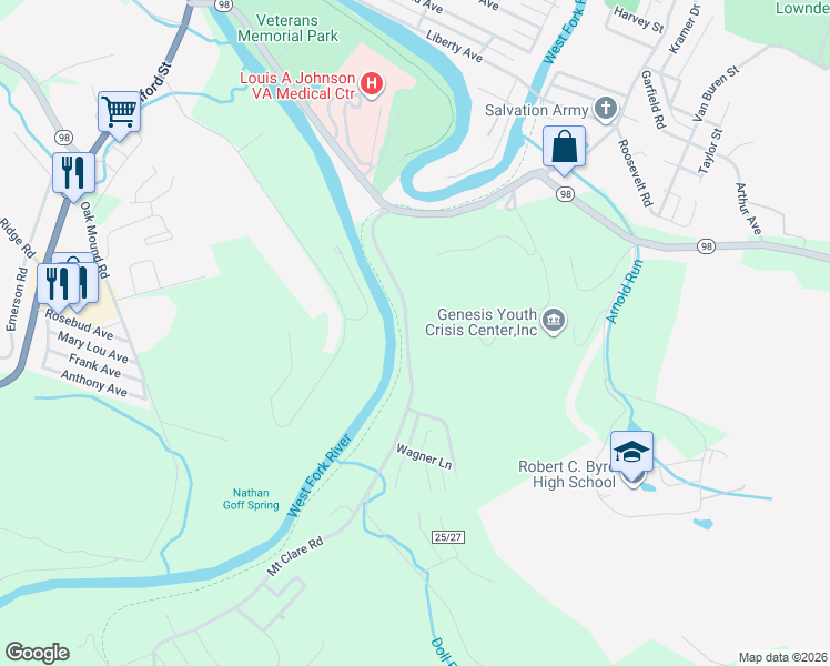 map of restaurants, bars, coffee shops, grocery stores, and more near County Route 25 in Harrison County