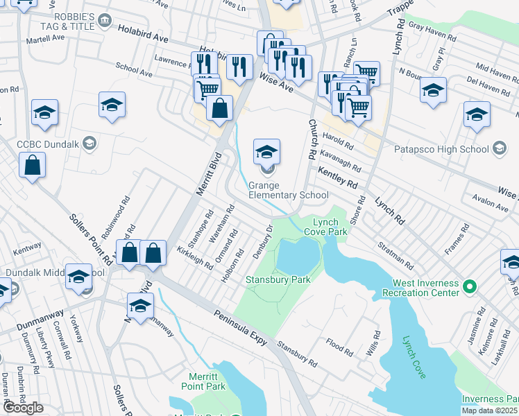 map of restaurants, bars, coffee shops, grocery stores, and more near 2301 Searles Road in Dundalk