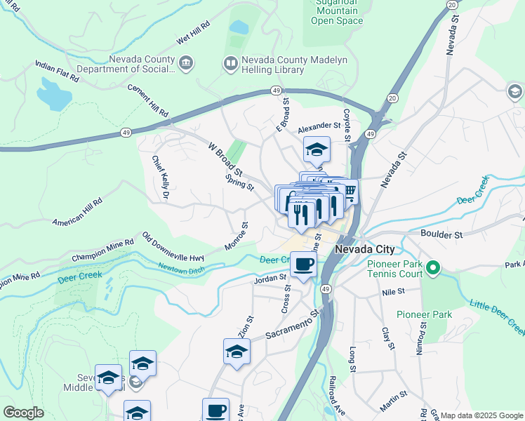 map of restaurants, bars, coffee shops, grocery stores, and more near 502 Spring Street in Nevada City
