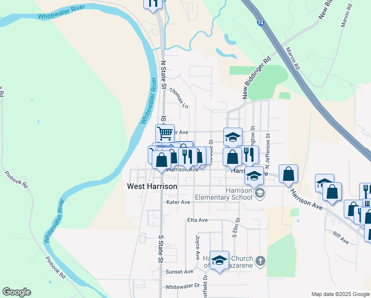 map of restaurants, bars, coffee shops, grocery stores, and more near 217 North Sycamore Street in Harrison