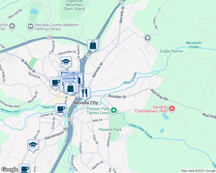 map of restaurants, bars, coffee shops, grocery stores, and more near 150 Grove Street in Nevada City
