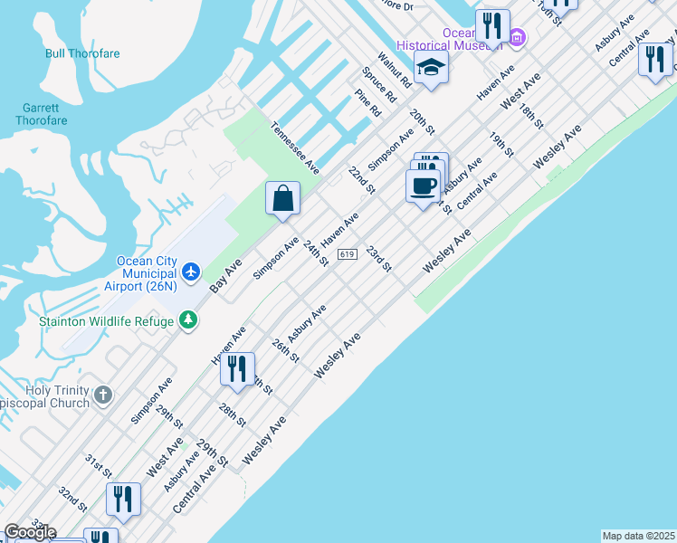 map of restaurants, bars, coffee shops, grocery stores, and more near 309 24th Street in Ocean City