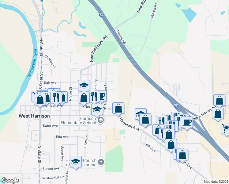 map of restaurants, bars, coffee shops, grocery stores, and more near 703 East Street in Harrison