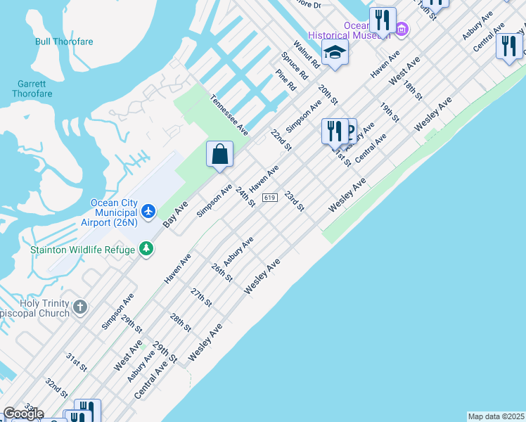 map of restaurants, bars, coffee shops, grocery stores, and more near 309 24th Street in Ocean City
