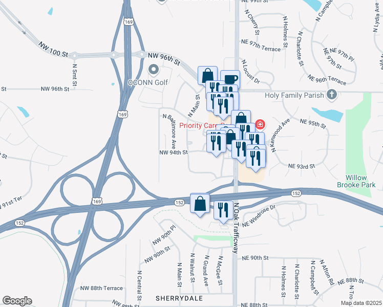 map of restaurants, bars, coffee shops, grocery stores, and more near 9351 North Main Street in Kansas City