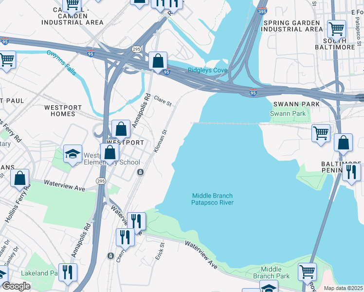 map of restaurants, bars, coffee shops, grocery stores, and more near 2101 Kloman Street in Baltimore