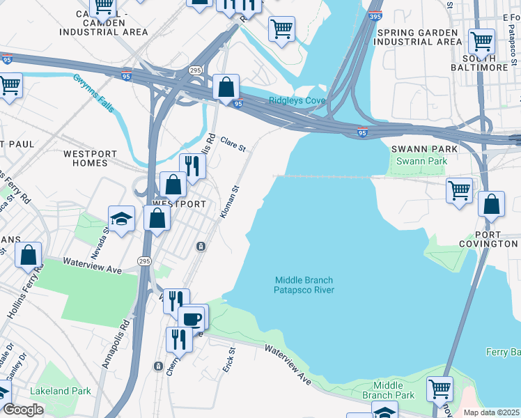 map of restaurants, bars, coffee shops, grocery stores, and more near 2101 Kloman Street in Baltimore