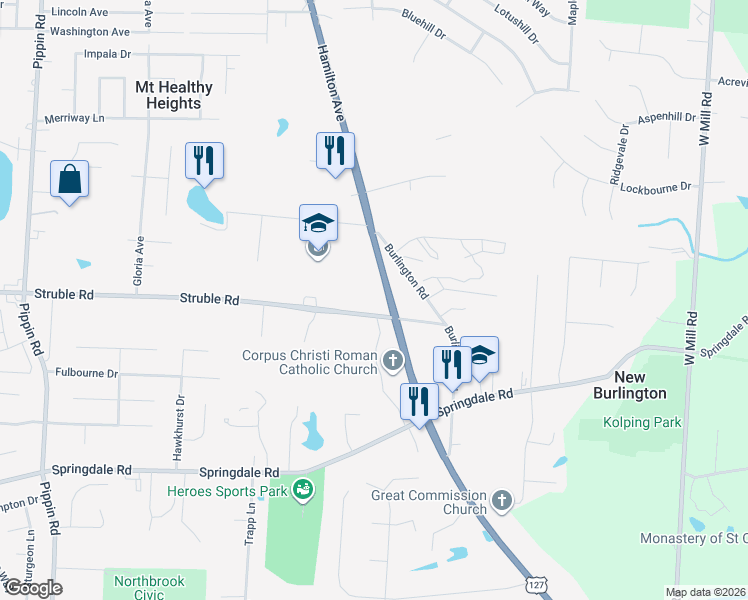 map of restaurants, bars, coffee shops, grocery stores, and more near 2000 Struble Road in Cincinnati