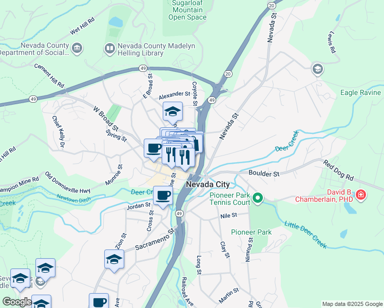 map of restaurants, bars, coffee shops, grocery stores, and more near 220 Main Street in Nevada City