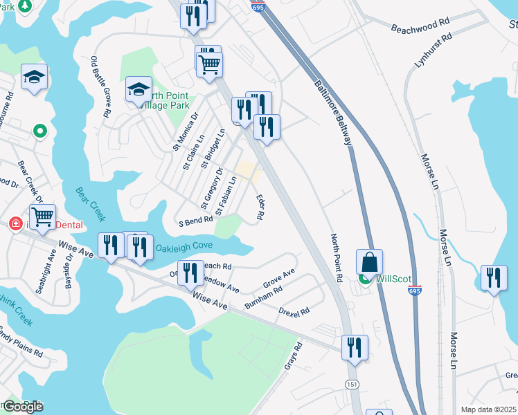 map of restaurants, bars, coffee shops, grocery stores, and more near 4113 Eder Road in Dundalk