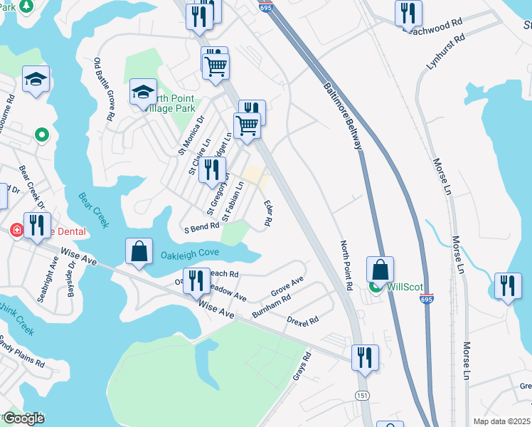 map of restaurants, bars, coffee shops, grocery stores, and more near 4113 Eder Road in Dundalk
