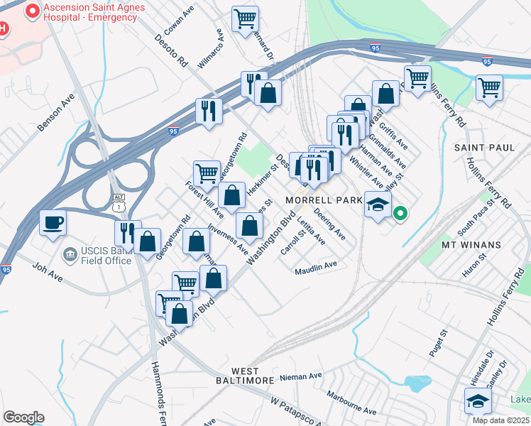map of restaurants, bars, coffee shops, grocery stores, and more near 1803 Casadel Avenue in Baltimore