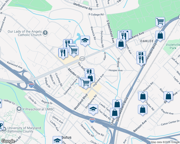 map of restaurants, bars, coffee shops, grocery stores, and more near 933 Elm Ridge Avenue in Baltimore