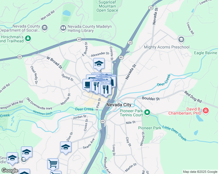 map of restaurants, bars, coffee shops, grocery stores, and more near 230 Main Street in Nevada City
