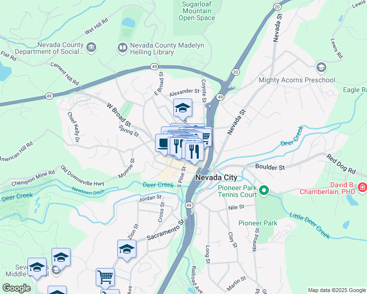 map of restaurants, bars, coffee shops, grocery stores, and more near 211 North Pine Street in Nevada City