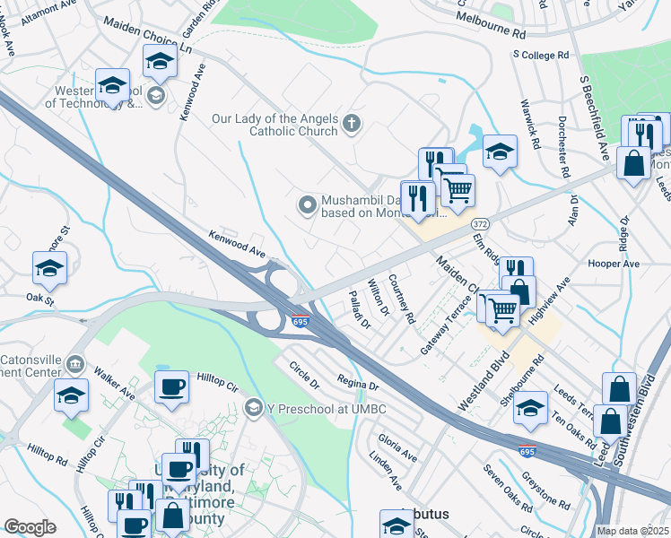 map of restaurants, bars, coffee shops, grocery stores, and more near 43 Badger Gate Court in Catonsville