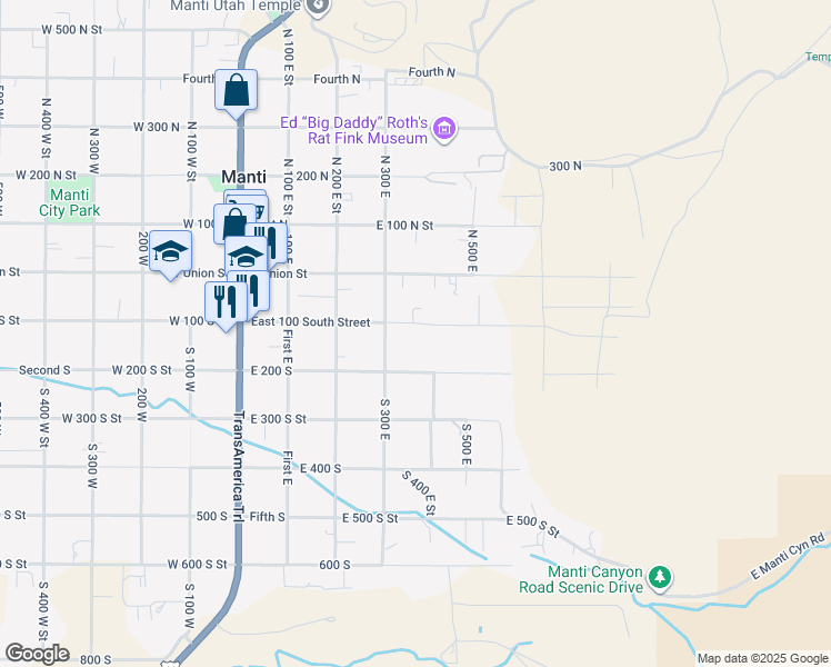 map of restaurants, bars, coffee shops, grocery stores, and more near 368 East 100 South Street in Manti