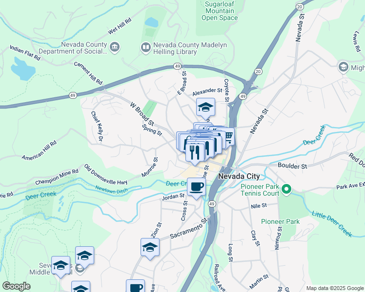 map of restaurants, bars, coffee shops, grocery stores, and more near 420 Broad Street in Nevada City