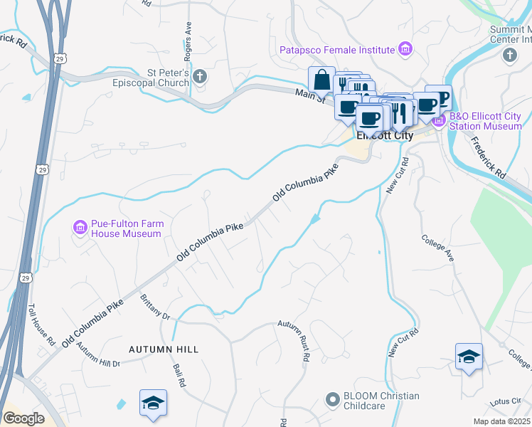 map of restaurants, bars, coffee shops, grocery stores, and more near 3910 Woodrow Street in Ellicott City