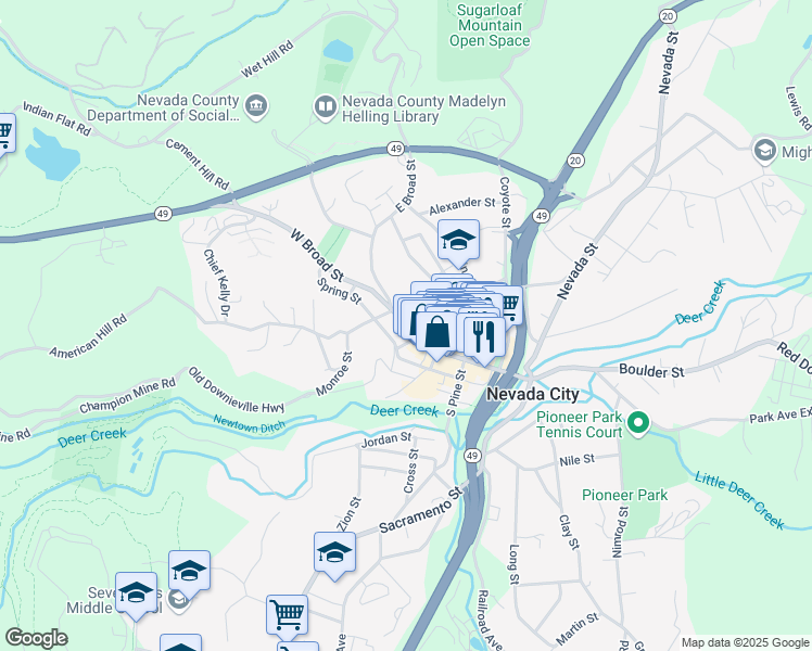 map of restaurants, bars, coffee shops, grocery stores, and more near 420 Broad Street in Nevada City