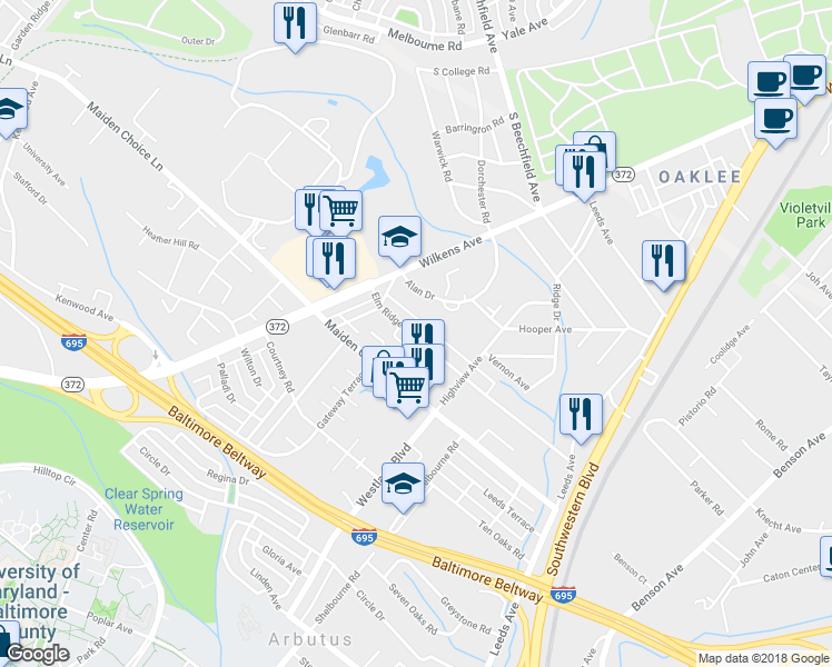 map of restaurants, bars, coffee shops, grocery stores, and more near 923 Elm Ridge Avenue in Baltimore