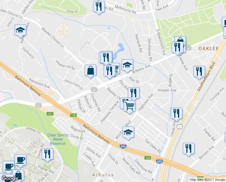 map of restaurants, bars, coffee shops, grocery stores, and more near 915 Maiden Choice Lane in Baltimore