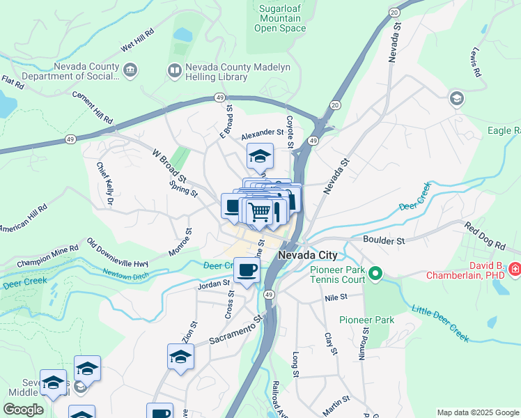 map of restaurants, bars, coffee shops, grocery stores, and more near 211 North Pine Street in Nevada City