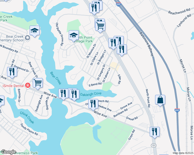 map of restaurants, bars, coffee shops, grocery stores, and more near 7808 Saint Gregory Drive in Dundalk