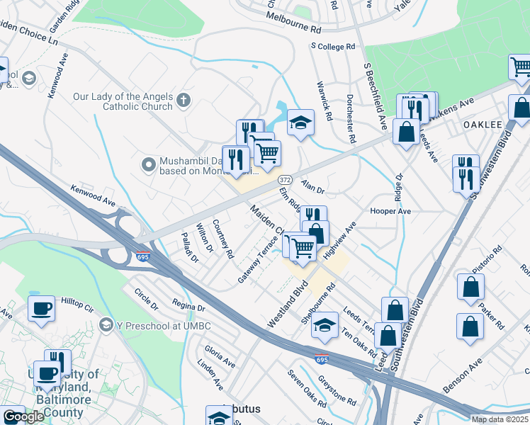 map of restaurants, bars, coffee shops, grocery stores, and more near 915 Maiden Choice Lane in Baltimore
