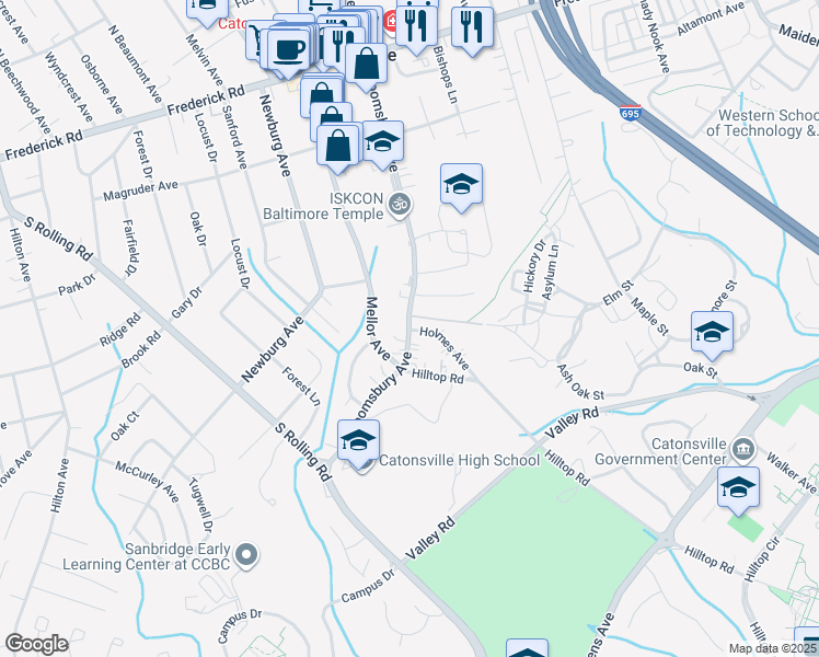 map of restaurants, bars, coffee shops, grocery stores, and more near 292 Bloomsbury Ave in Catonsville