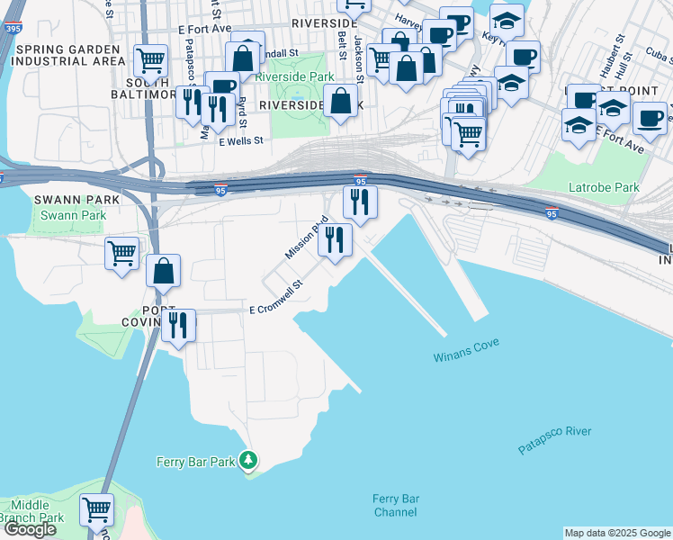 map of restaurants, bars, coffee shops, grocery stores, and more near 301 East Cromwell Street in Baltimore