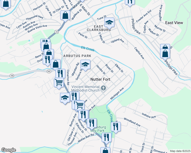map of restaurants, bars, coffee shops, grocery stores, and more near in Nutter Fort