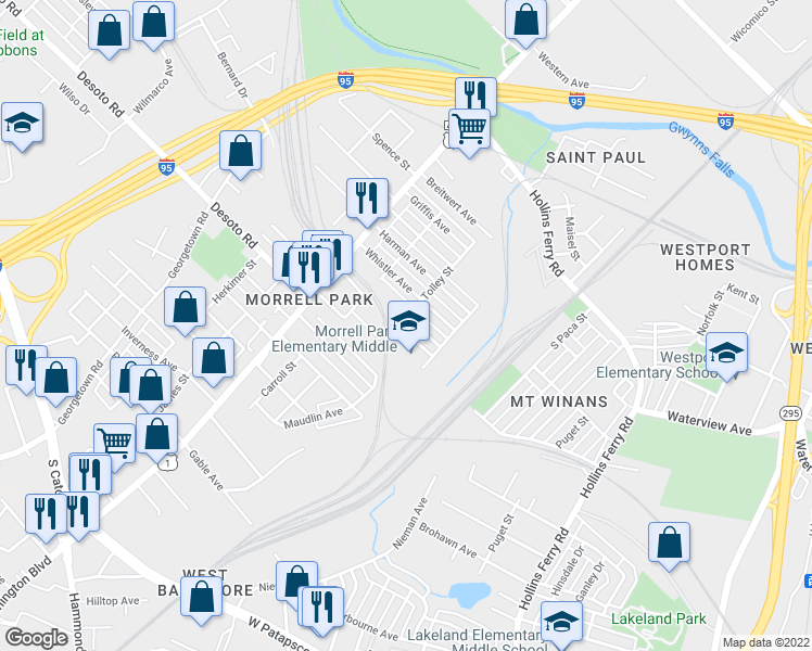 map of restaurants, bars, coffee shops, grocery stores, and more near 2535 Tolley Street in Baltimore