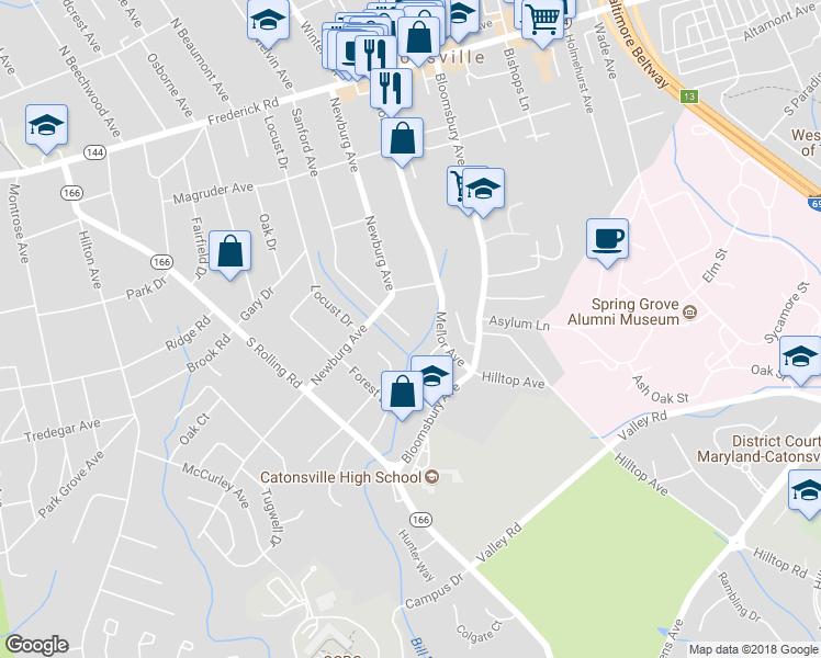 map of restaurants, bars, coffee shops, grocery stores, and more near 209 Sanford Ave in Catonsville